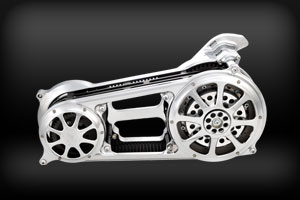Chrome and Black Custom Motorcycle Open Primary Belt Drive
